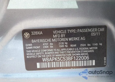 2011 BMW 328I xDrive from USA, damaged, VIN WBAPK5C53BF122006
